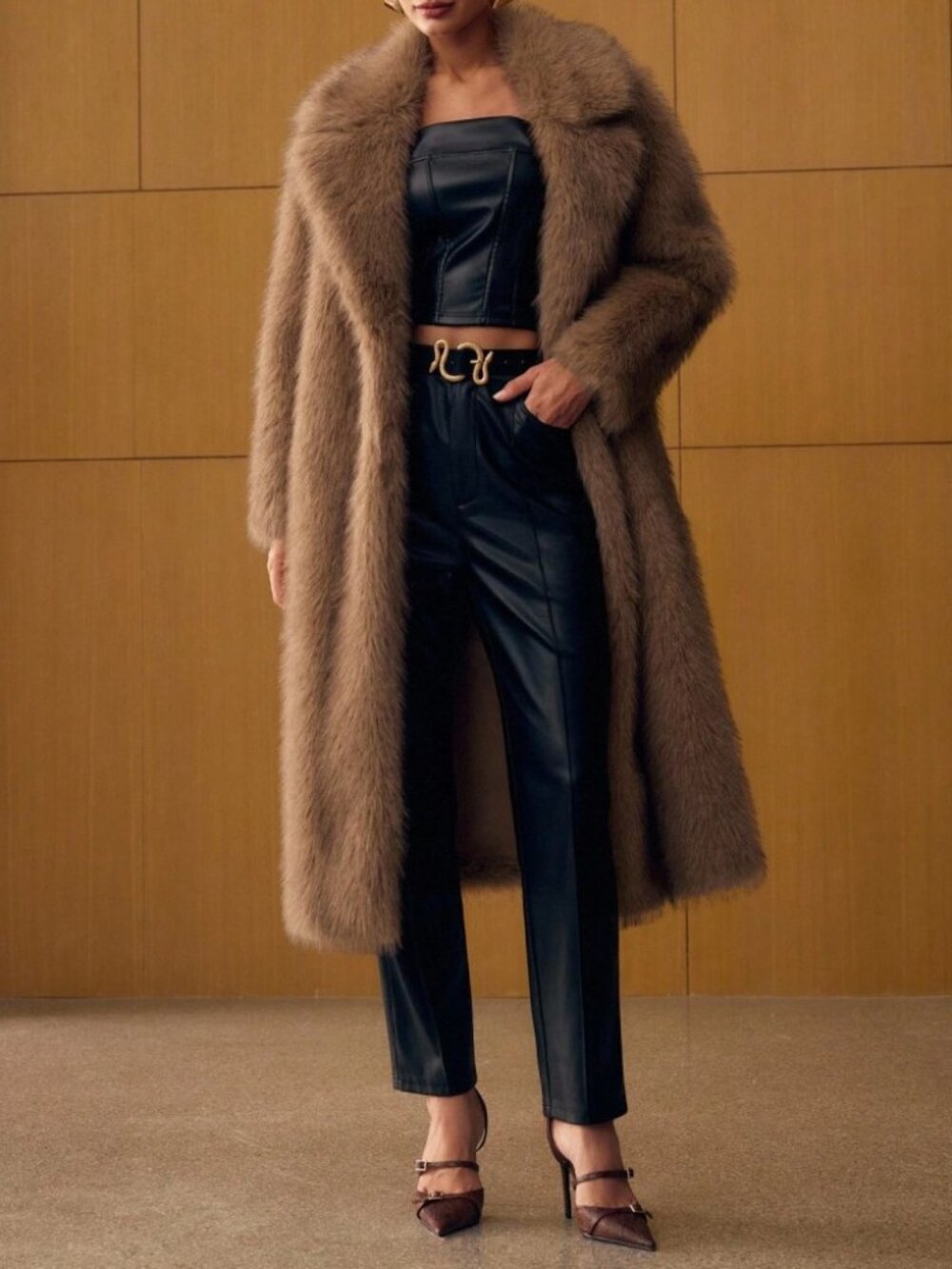 Taupe Brown Faux Fur Oversized Lapel Collar Midi Coat